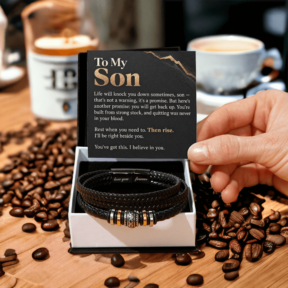 To My Son Bracelet – Men's Braided Leather Bracelet with Inspirational Message Card & Gift Box, Encouragement Gift for Son