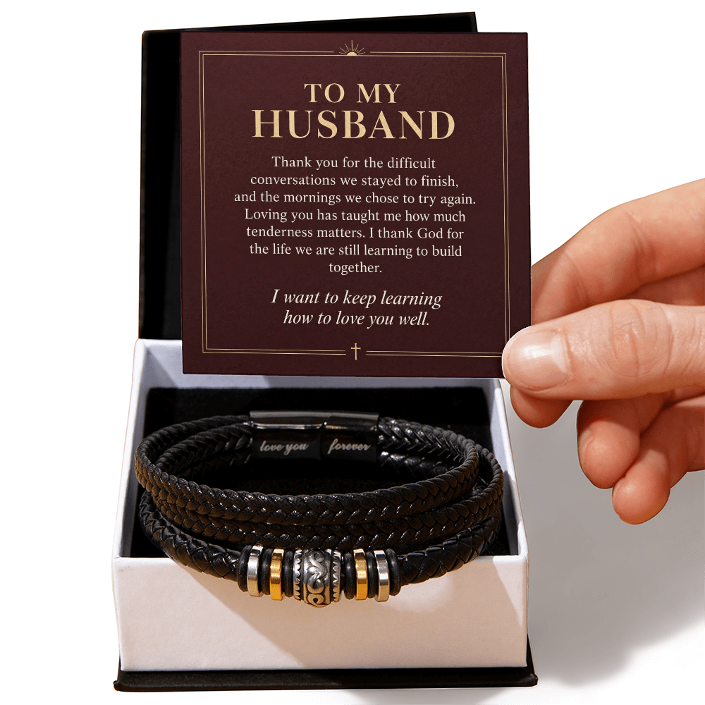 To My Husband Love You Forever Bracelet – "Keep Learning to Love You" Message Card & Gift Box, Christian Faith Gift for Husband