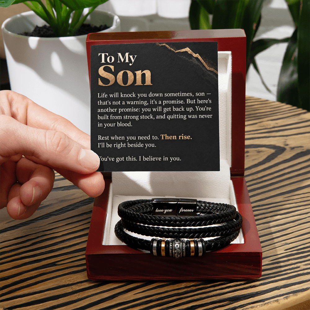 To My Son Bracelet – Men's Braided Leather Bracelet with Inspirational Message Card & Gift Box, Encouragement Gift for Son