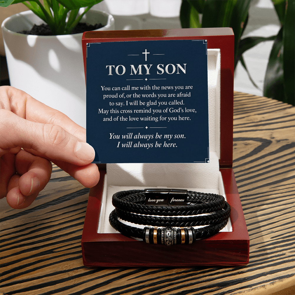 To My Son Love You Forever Bracelet – "Always Be Here" Message Card & Gift Box, Christian Faith Gift for Son