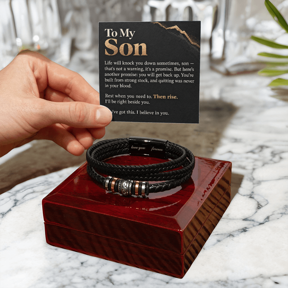 To My Son Bracelet – Men's Braided Leather Bracelet with Inspirational Message Card & Gift Box, Encouragement Gift for Son