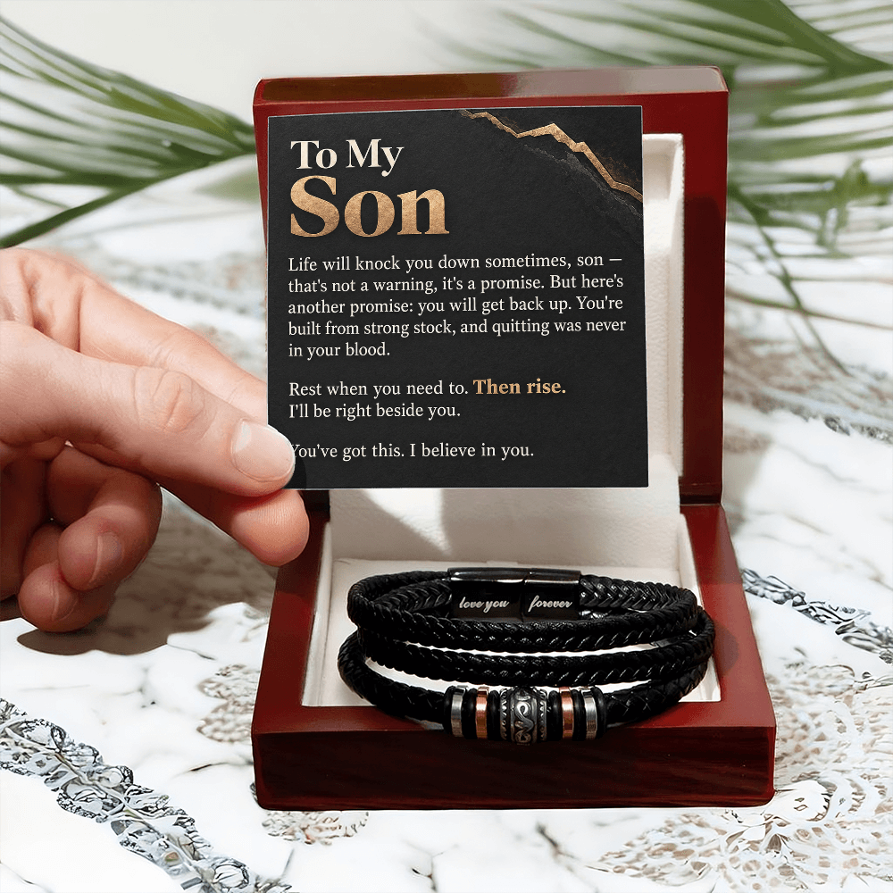 To My Son Bracelet – Men's Braided Leather Bracelet with Inspirational Message Card & Gift Box, Encouragement Gift for Son