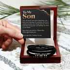 To My Son Bracelet – Men's Braided Leather Bracelet with Inspirational Message Card & Gift Box, Encouragement Gift for Son