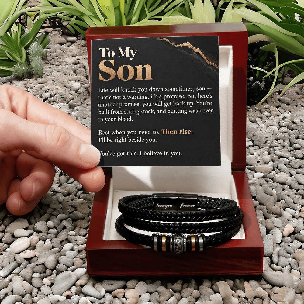 To My Son Bracelet – Men's Braided Leather Bracelet with Inspirational Message Card & Gift Box, Encouragement Gift for Son