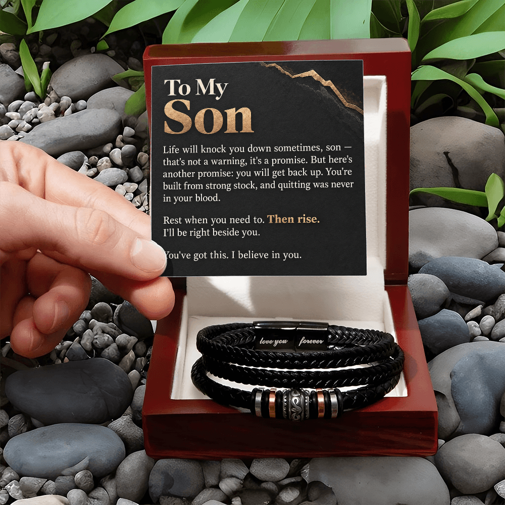 To My Son Bracelet – Men's Braided Leather Bracelet with Inspirational Message Card & Gift Box, Encouragement Gift for Son
