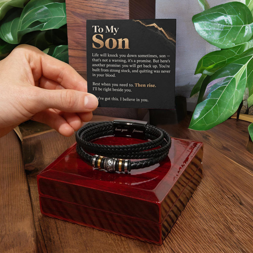 To My Son Bracelet – Men's Braided Leather Bracelet with Inspirational Message Card & Gift Box, Encouragement Gift for Son