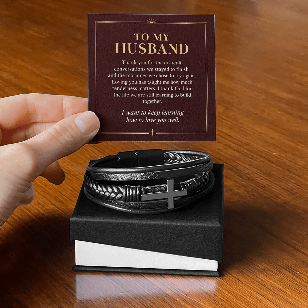 To My Husband Cross Bracelet – "Keep Learning to Love You" Message Card & Gift Box, Christian Faith Gift for Husband