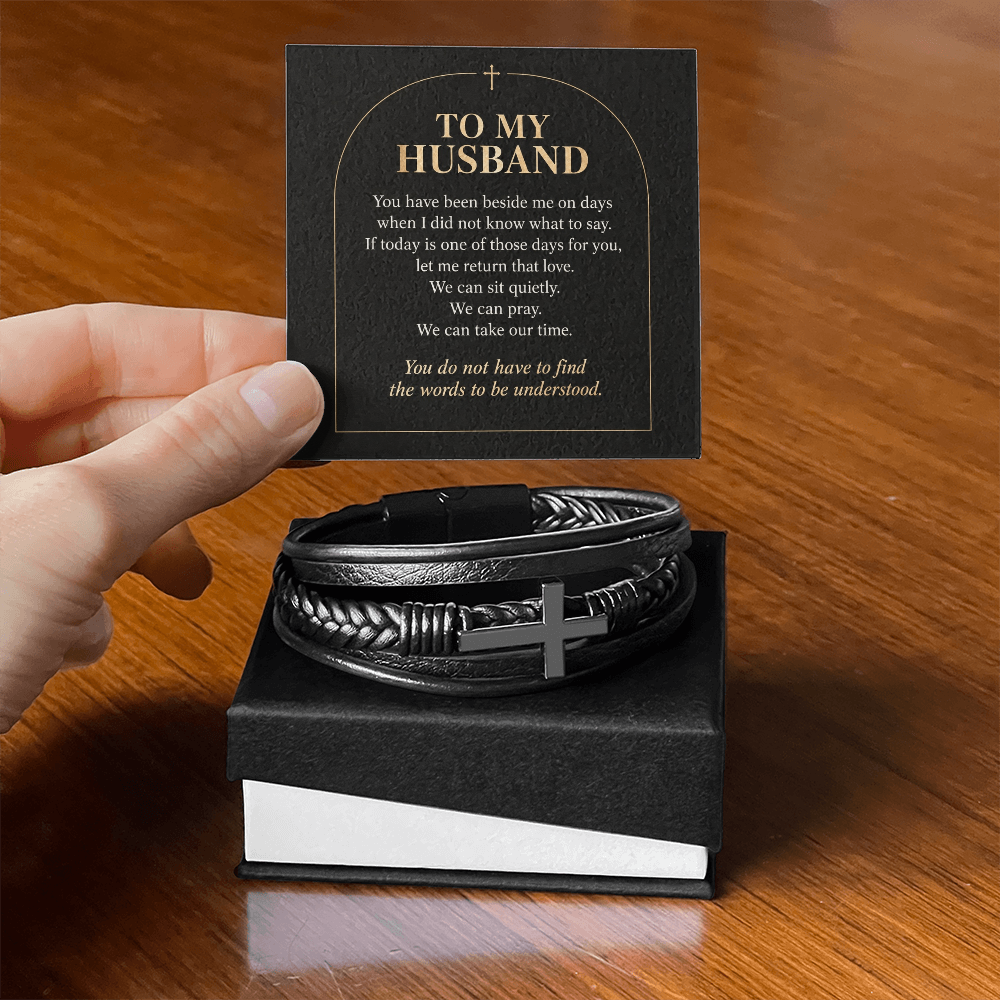 To My Husband Cross Bracelet – "Quiet Prayer" Message Card & Gift Box, Christian Faith Gift for Husband