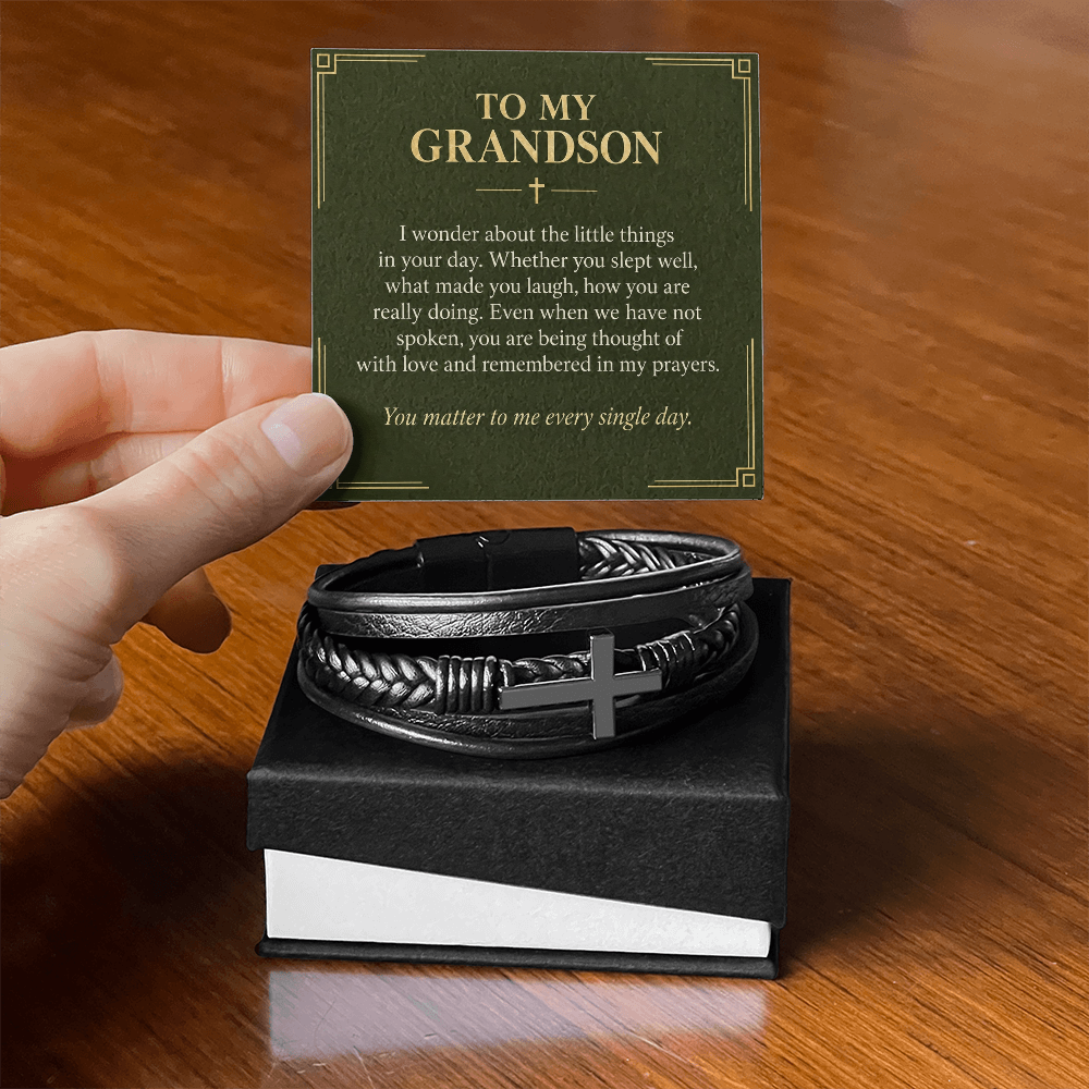 To My Grandson Cross Bracelet – "Every Single Day" Message Card & Gift Box, Christian Gift for Grandson
