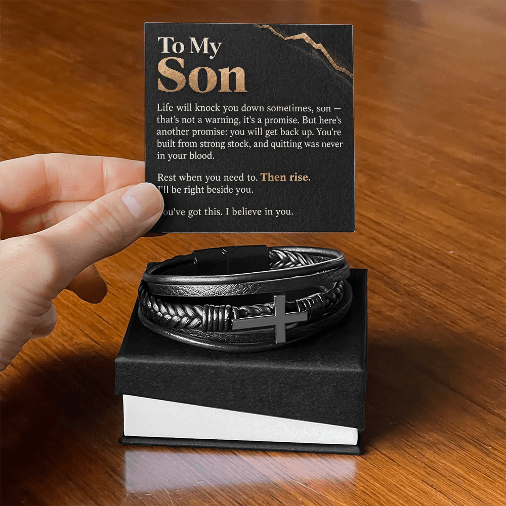 To My Son Cross Bracelet – "Then Rise" Message Card & Gift Box, Inspirational Gift for Son