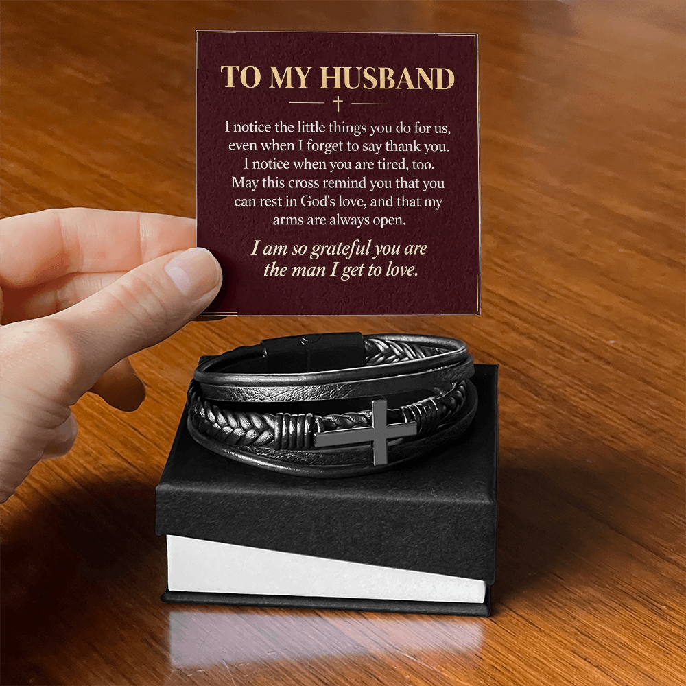 To My Husband Cross Bracelet – "Grateful for You" Message Card & Gift Box, Christian Faith Gift for Husband