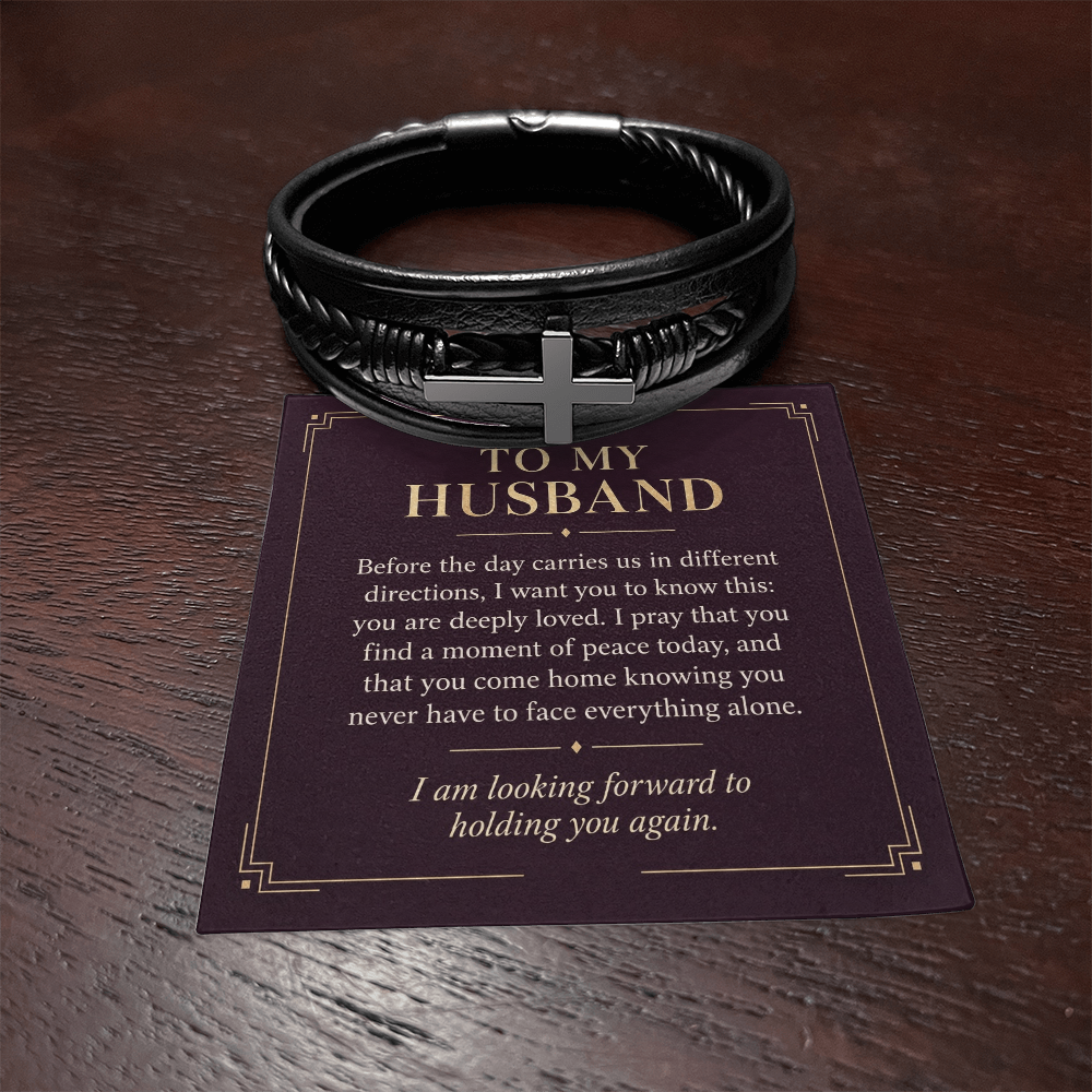 To My Husband Cross Bracelet – "Peace Today" Message Card & Gift Box, Christian Faith Gift for Husband