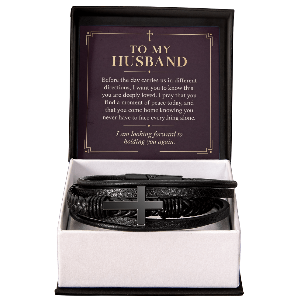 To My Husband Cross Bracelet – "Peace Today" Message Card & Gift Box, Christian Faith Gift for Husband