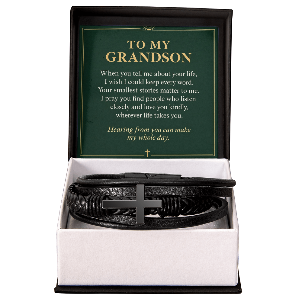 To My Grandson Cross Bracelet – "Whole Day" Message Card & Gift Box, Christian Gift for Grandson