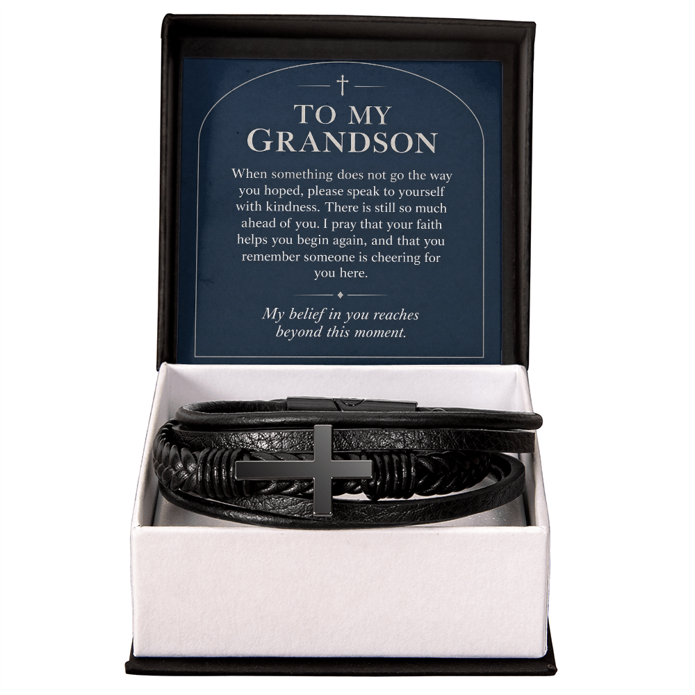 To My Grandson Cross Bracelet – "Beyond This Moment" Message Card & Gift Box, Christian Gift for Grandson