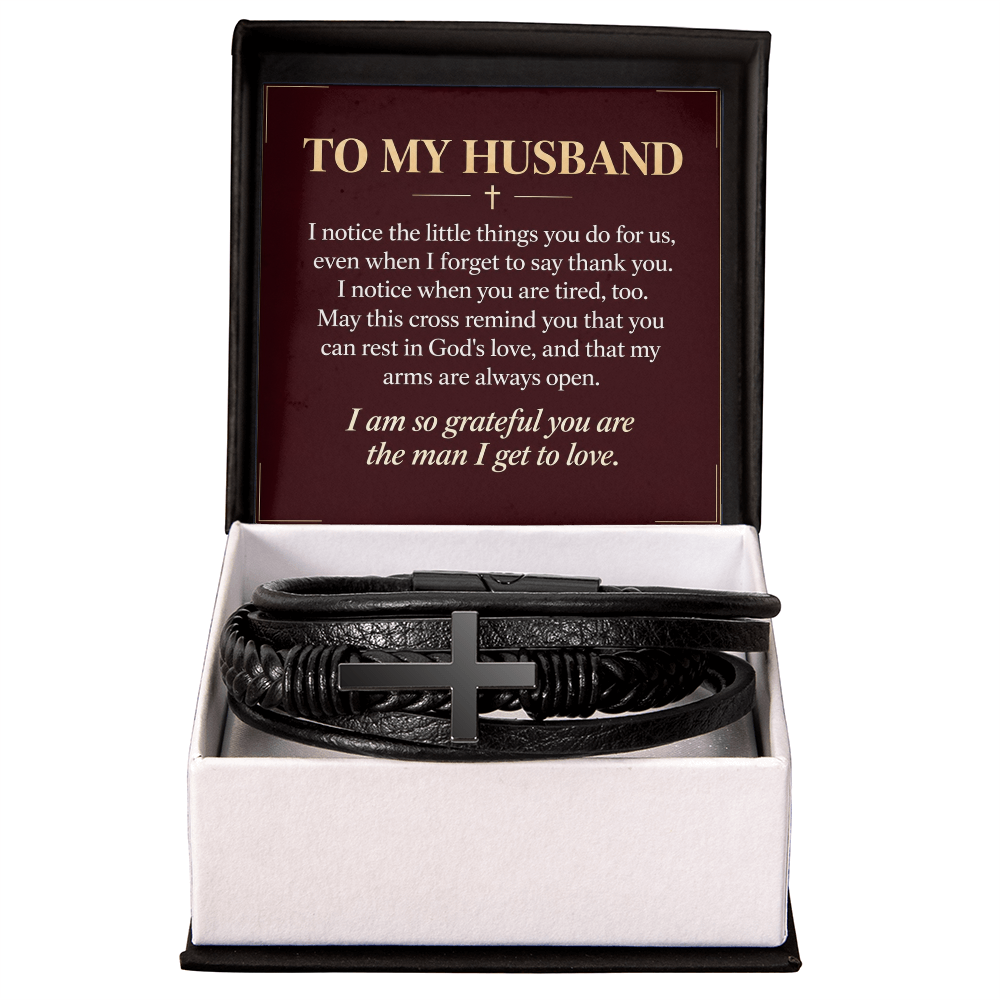 To My Husband Cross Bracelet – "Grateful for You" Message Card & Gift Box, Christian Faith Gift for Husband