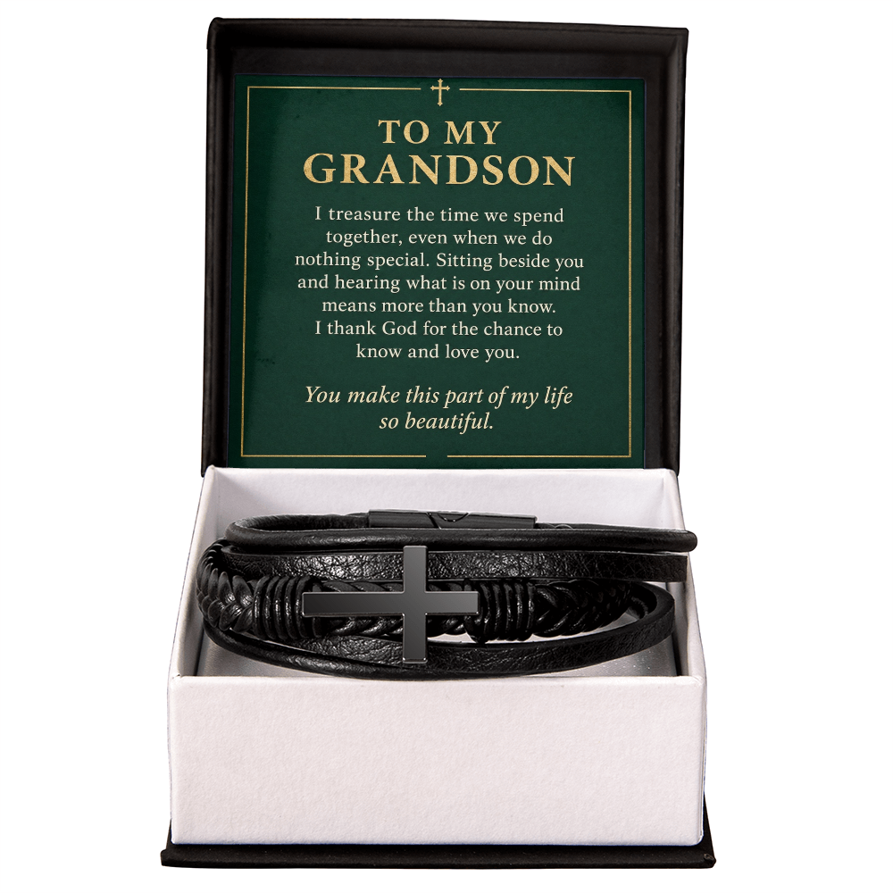 To My Grandson Cross Bracelet – "So Beautiful" Message Card & Gift Box, Christian Gift for Grandson