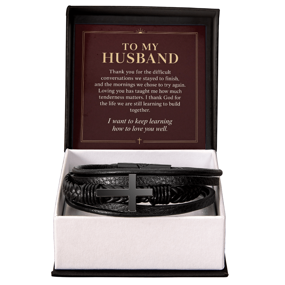 To My Husband Cross Bracelet – "Keep Learning to Love You" Message Card & Gift Box, Christian Faith Gift for Husband