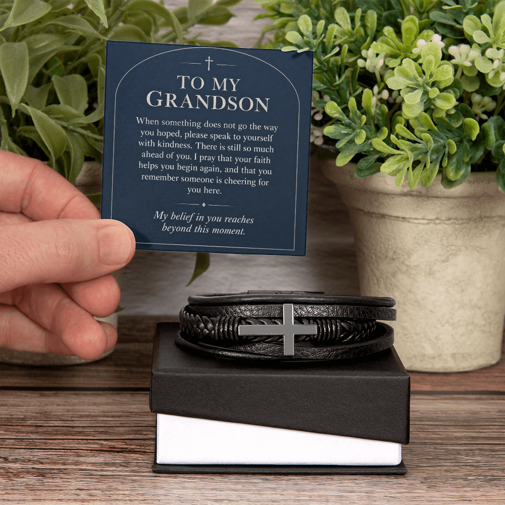 To My Grandson Cross Bracelet – "Beyond This Moment" Message Card & Gift Box, Christian Gift for Grandson