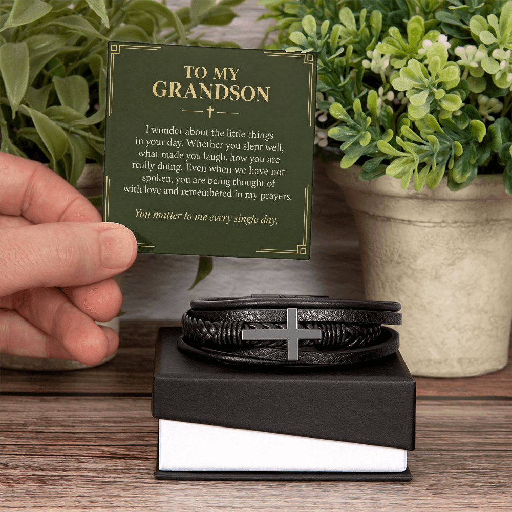 To My Grandson Cross Bracelet – "Every Single Day" Message Card & Gift Box, Christian Gift for Grandson