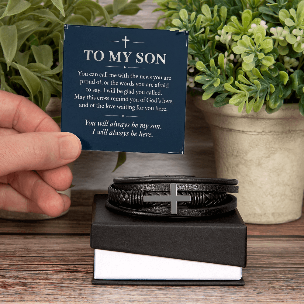 To My Son Cross Bracelet – "Always Be Here" Message Card & Gift Box, Christian Faith Gift for Son