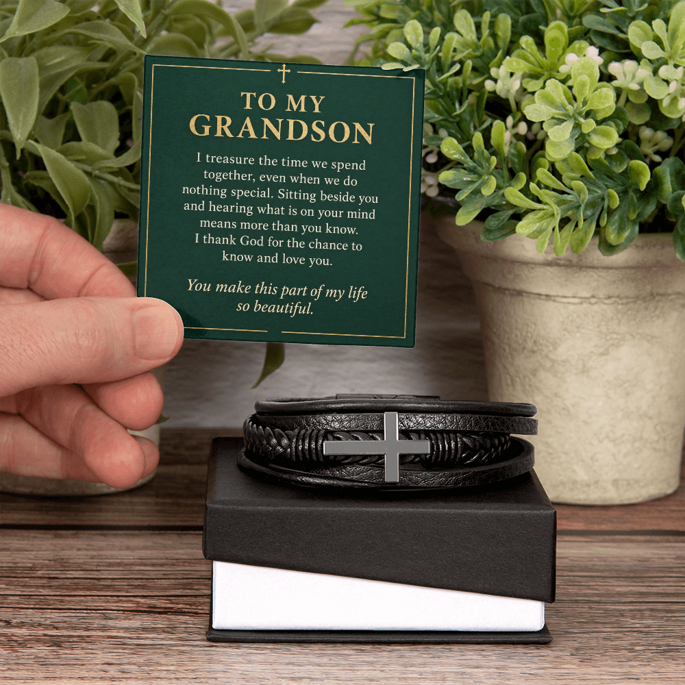 To My Grandson Cross Bracelet – "So Beautiful" Message Card & Gift Box, Christian Gift for Grandson