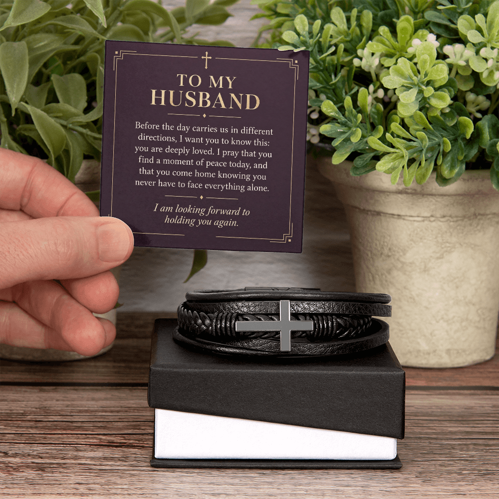 To My Husband Cross Bracelet – "Peace Today" Message Card & Gift Box, Christian Faith Gift for Husband