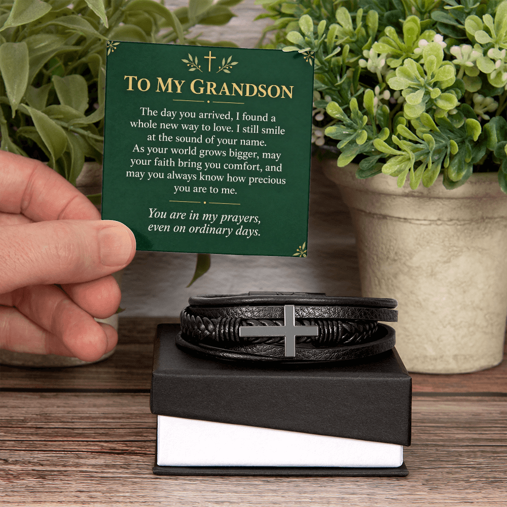 To My Grandson Cross Bracelet – "Ordinary Days" Message Card & Gift Box, Christian Gift for Grandson