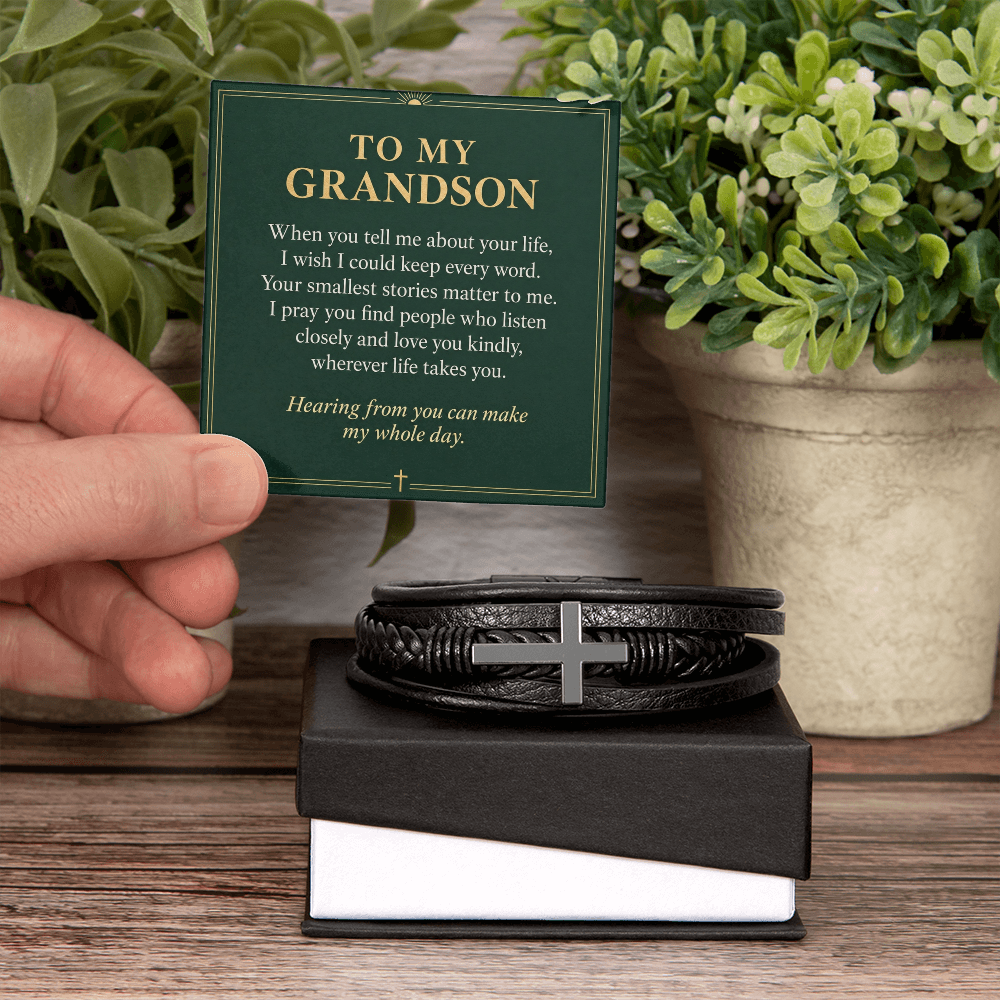 To My Grandson Cross Bracelet – "Whole Day" Message Card & Gift Box, Christian Gift for Grandson