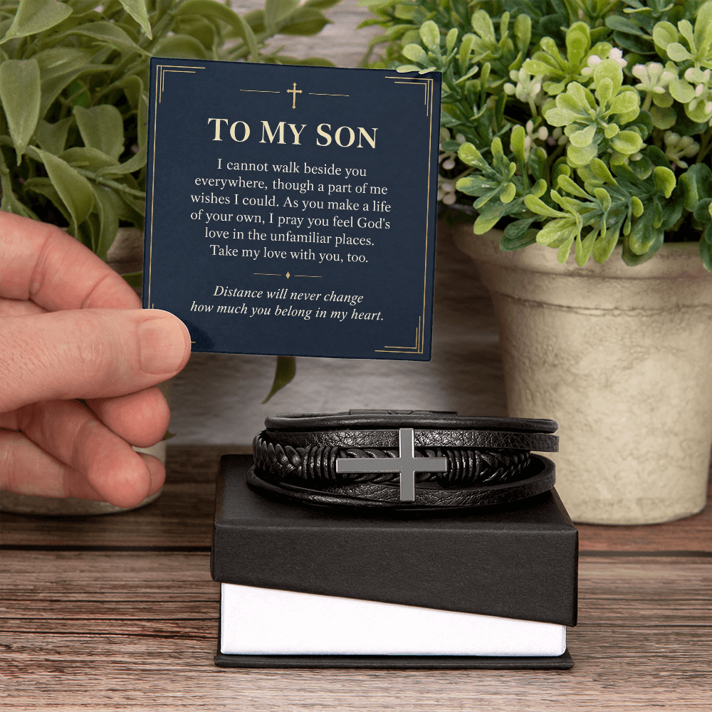To My Son Cross Bracelet – "Belong in My Heart" Message Card & Gift Box, Christian Faith Gift for Son