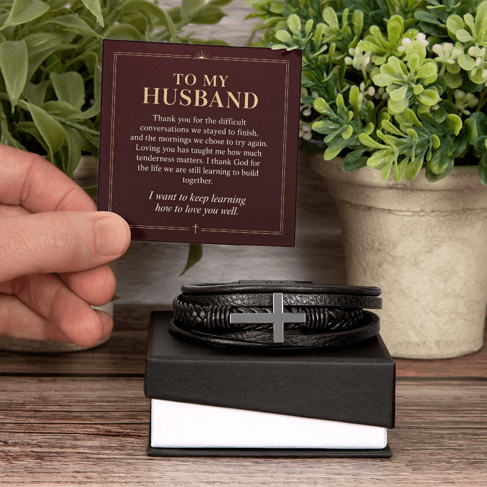 To My Husband Cross Bracelet – "Keep Learning to Love You" Message Card & Gift Box, Christian Faith Gift for Husband