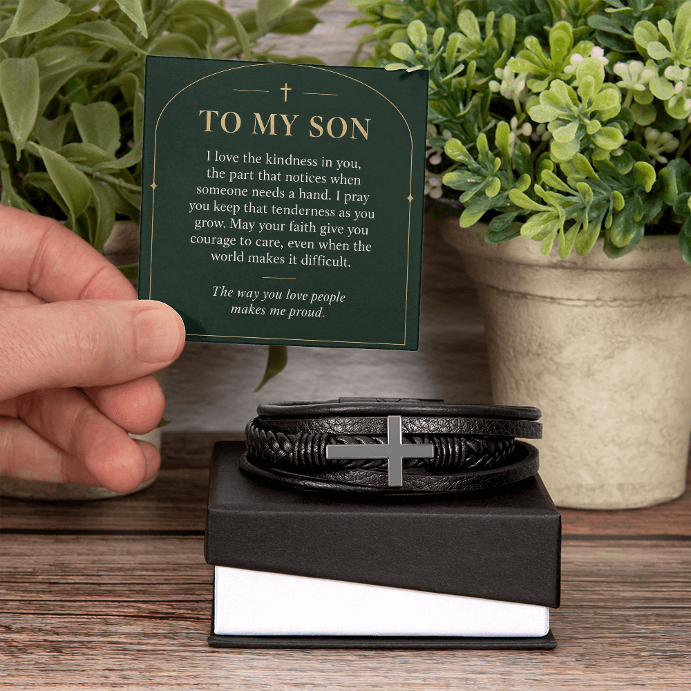 To My Son Cross Bracelet – "Makes Me Proud" Message Card & Gift Box, Christian Faith Gift for Son