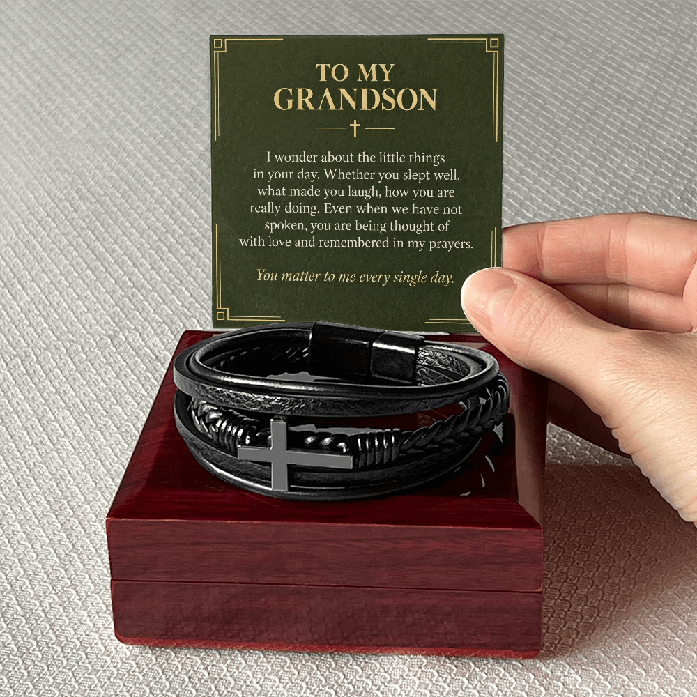 To My Grandson Cross Bracelet – "Every Single Day" Message Card & Gift Box, Christian Gift for Grandson