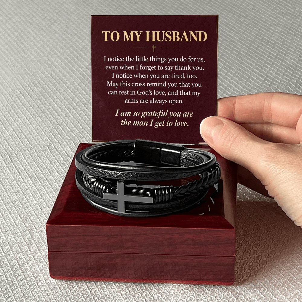 To My Husband Cross Bracelet – "Grateful for You" Message Card & Gift Box, Christian Faith Gift for Husband