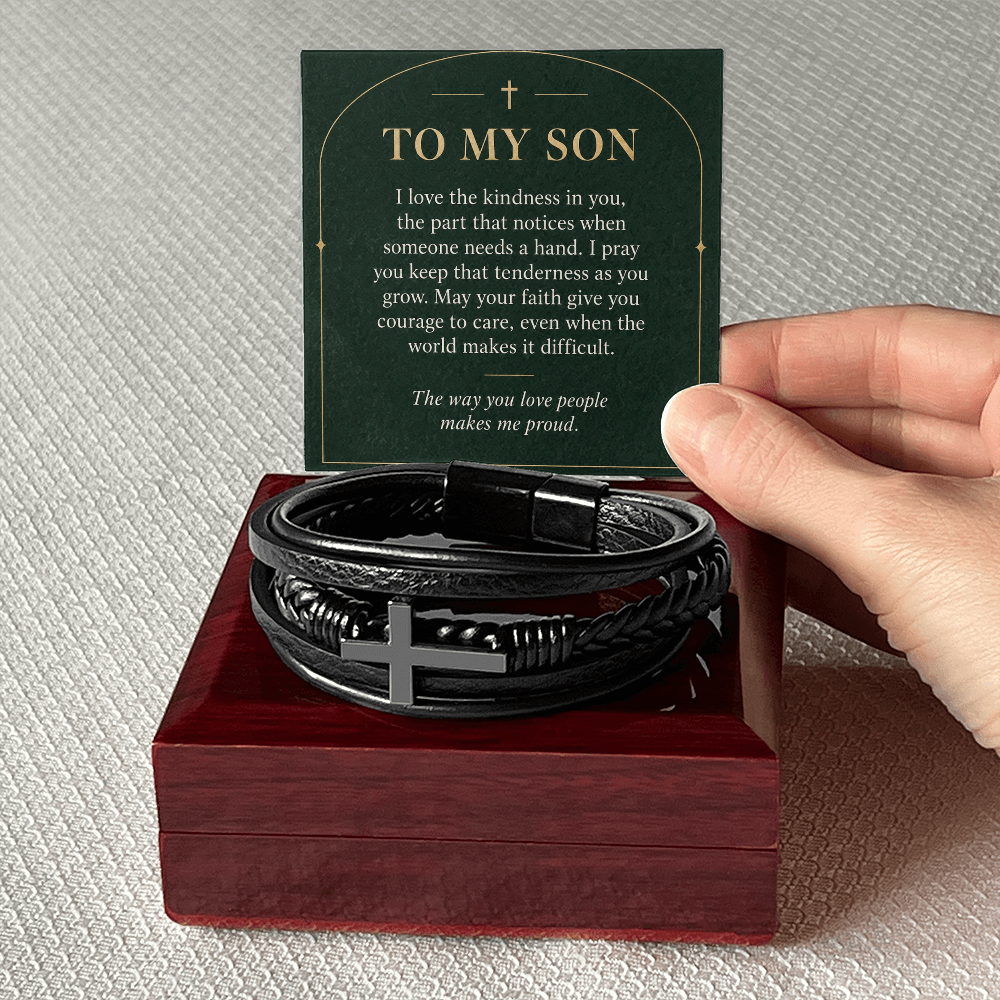 To My Son Cross Bracelet – "Makes Me Proud" Message Card & Gift Box, Christian Faith Gift for Son