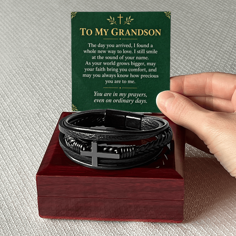 To My Grandson Cross Bracelet – "Ordinary Days" Message Card & Gift Box, Christian Gift for Grandson