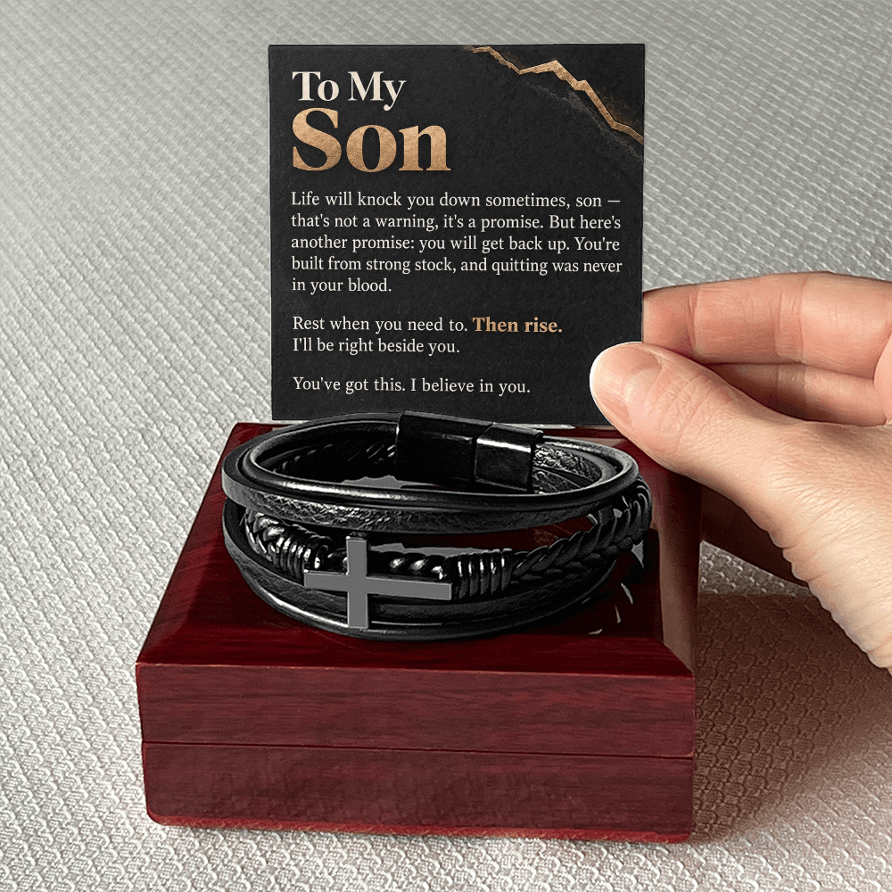 To My Son Cross Bracelet – "Then Rise" Message Card & Gift Box, Inspirational Gift for Son