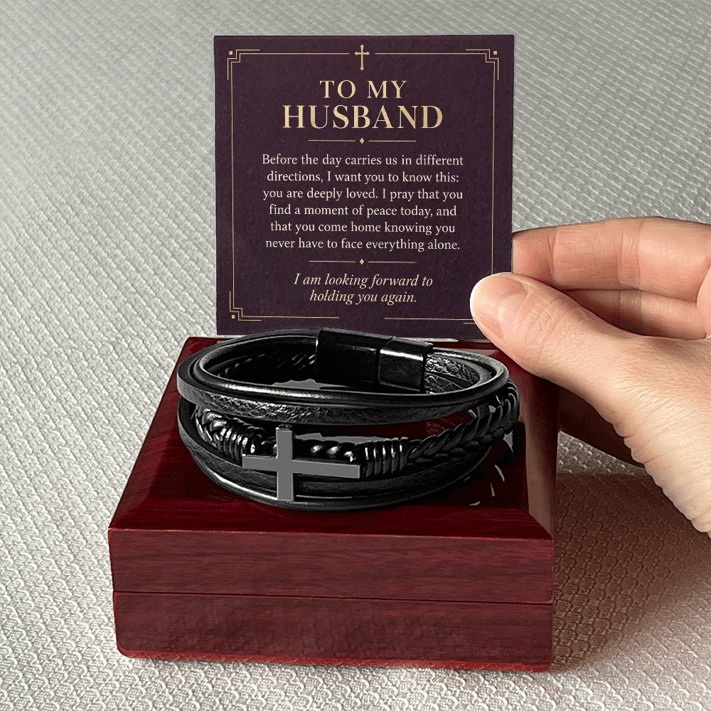 To My Husband Cross Bracelet – "Peace Today" Message Card & Gift Box, Christian Faith Gift for Husband
