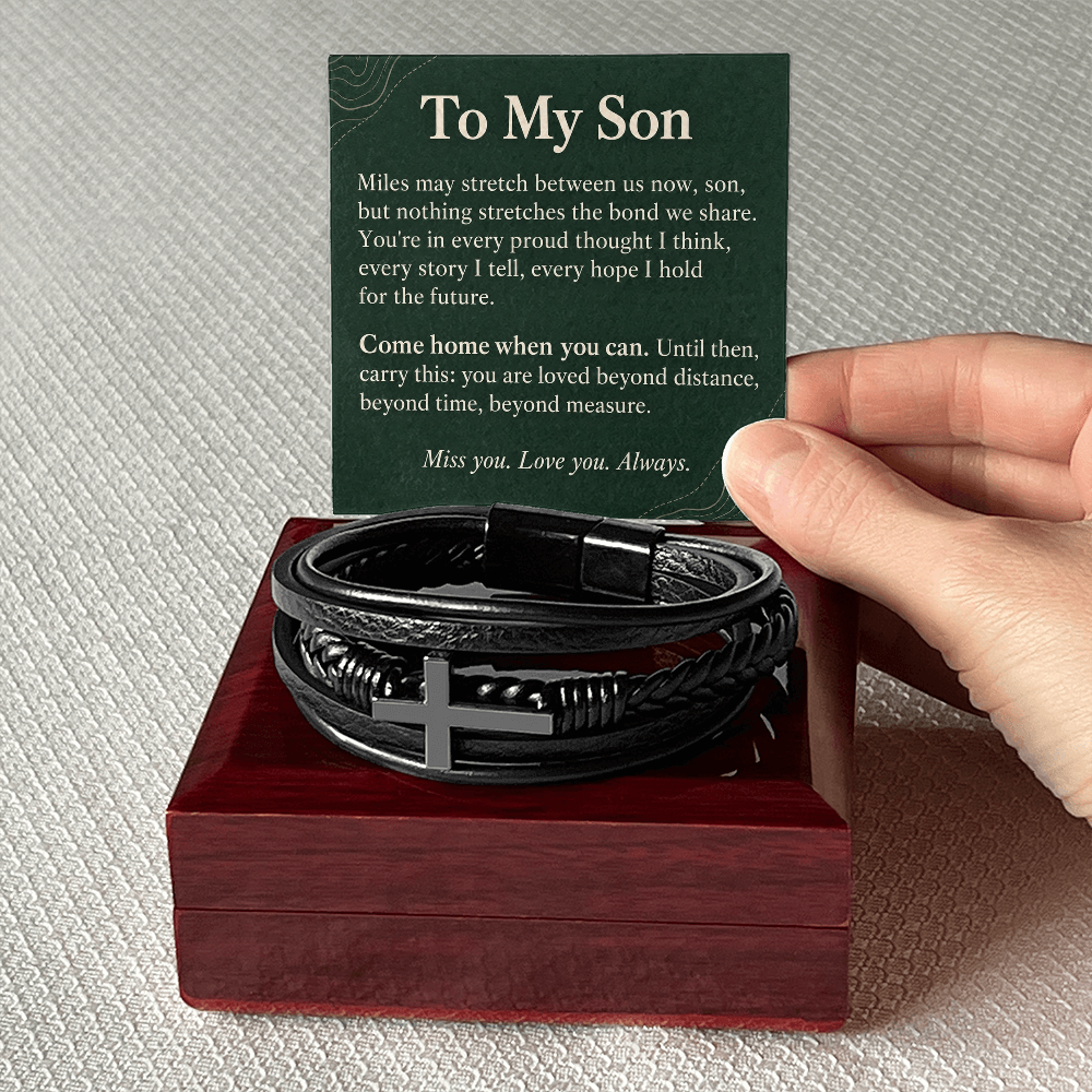 To My Son Cross Bracelet – "Beyond Distance" Message Card & Gift Box, Inspirational Gift for Son