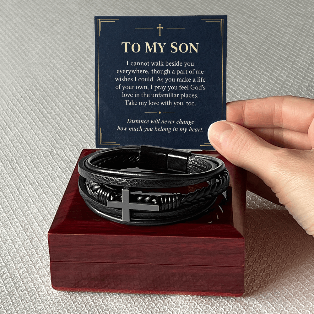 To My Son Cross Bracelet – "Belong in My Heart" Message Card & Gift Box, Christian Faith Gift for Son