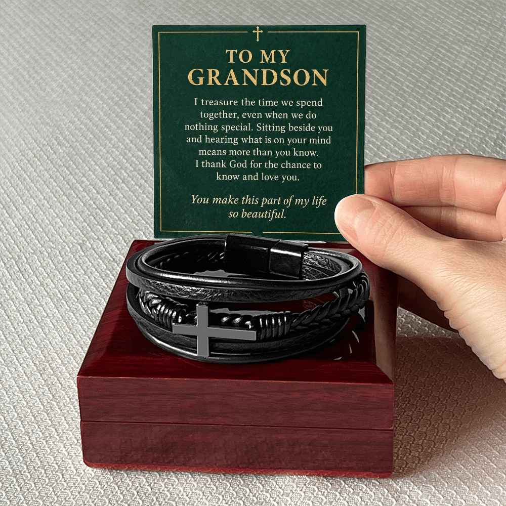 To My Grandson Cross Bracelet – "So Beautiful" Message Card & Gift Box, Christian Gift for Grandson