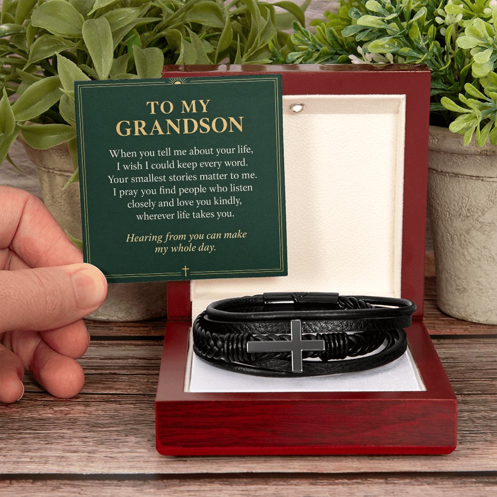To My Grandson Cross Bracelet – "Whole Day" Message Card & Gift Box, Christian Gift for Grandson