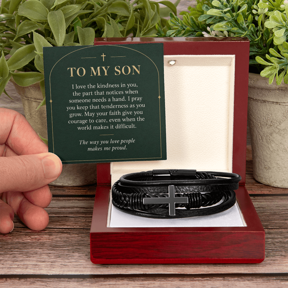 To My Son Cross Bracelet – "Makes Me Proud" Message Card & Gift Box, Christian Faith Gift for Son