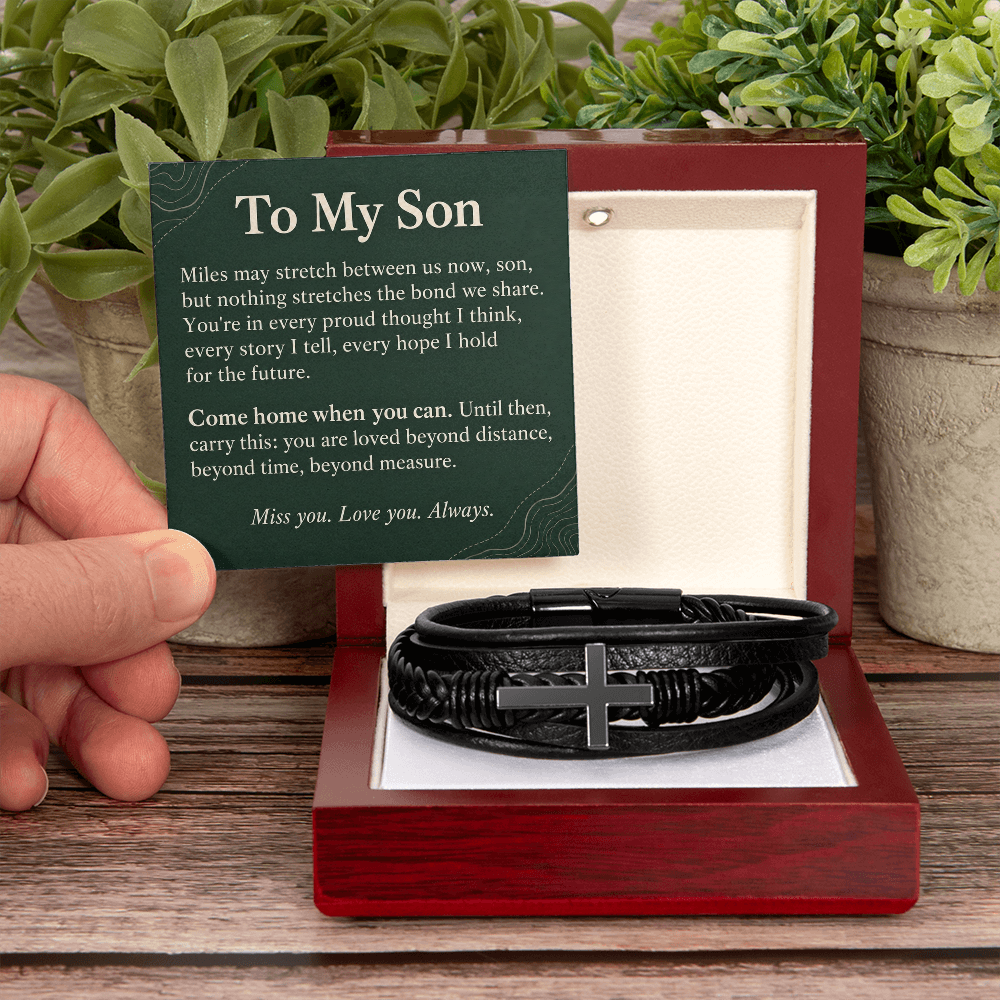To My Son Cross Bracelet – "Beyond Distance" Message Card & Gift Box, Inspirational Gift for Son