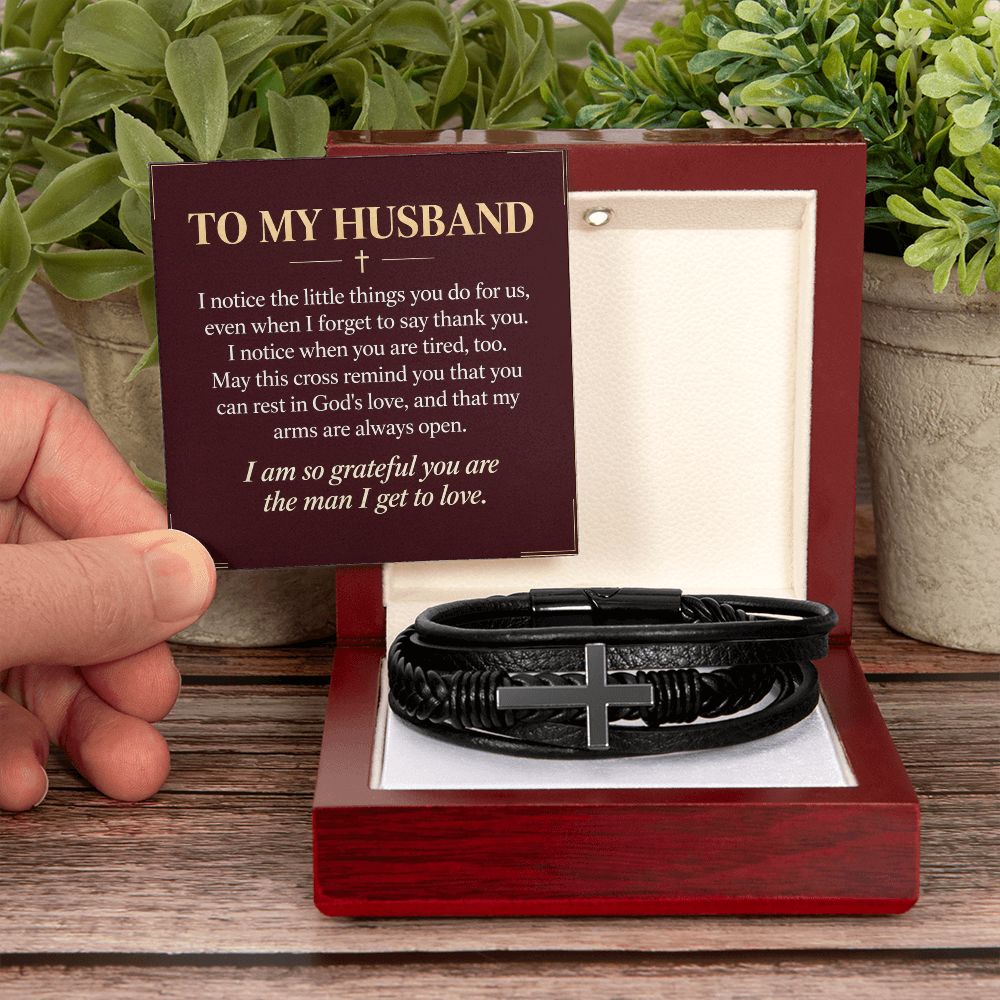 To My Husband Cross Bracelet – "Grateful for You" Message Card & Gift Box, Christian Faith Gift for Husband