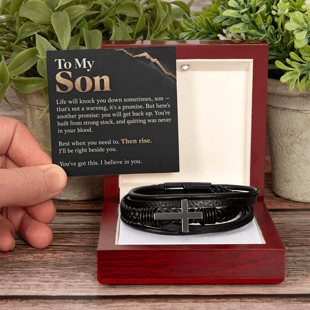To My Son Cross Bracelet – "Then Rise" Message Card & Gift Box, Inspirational Gift for Son