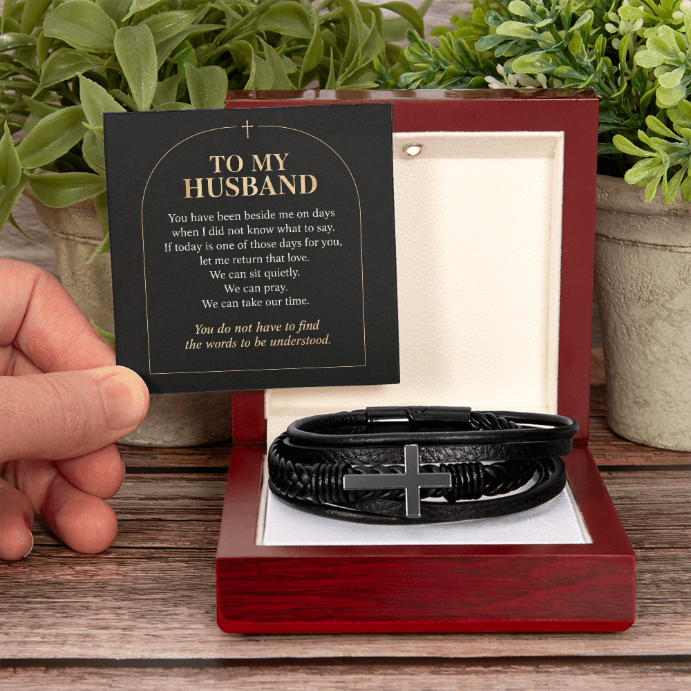To My Husband Cross Bracelet – "Quiet Prayer" Message Card & Gift Box, Christian Faith Gift for Husband