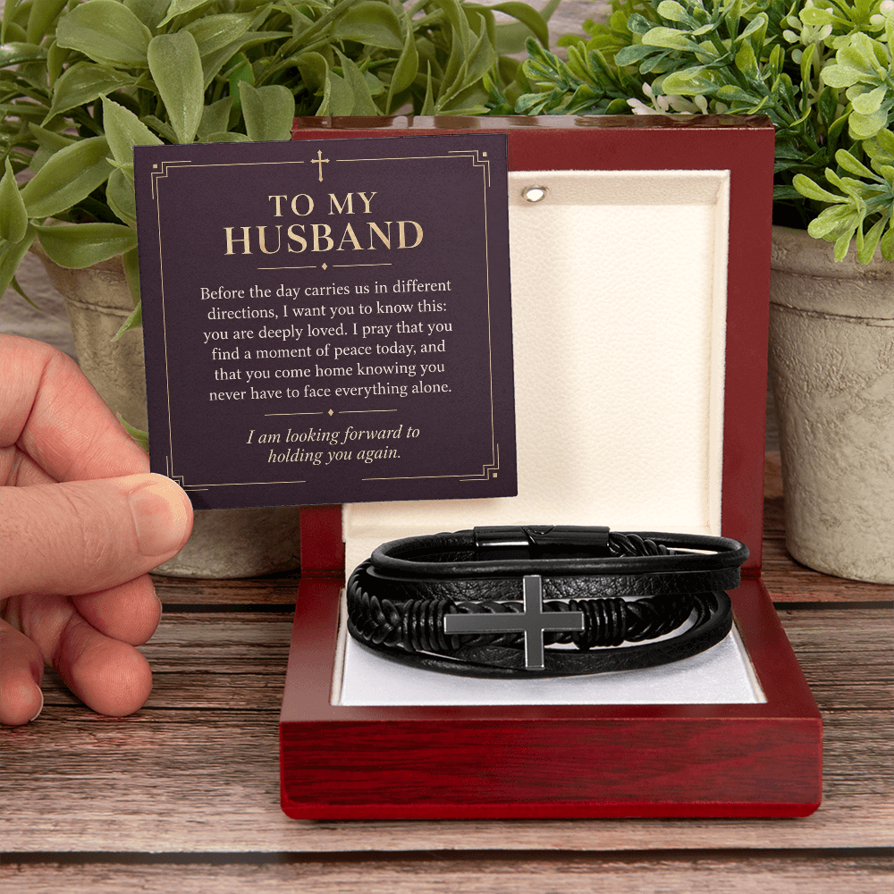 To My Husband Cross Bracelet – "Peace Today" Message Card & Gift Box, Christian Faith Gift for Husband