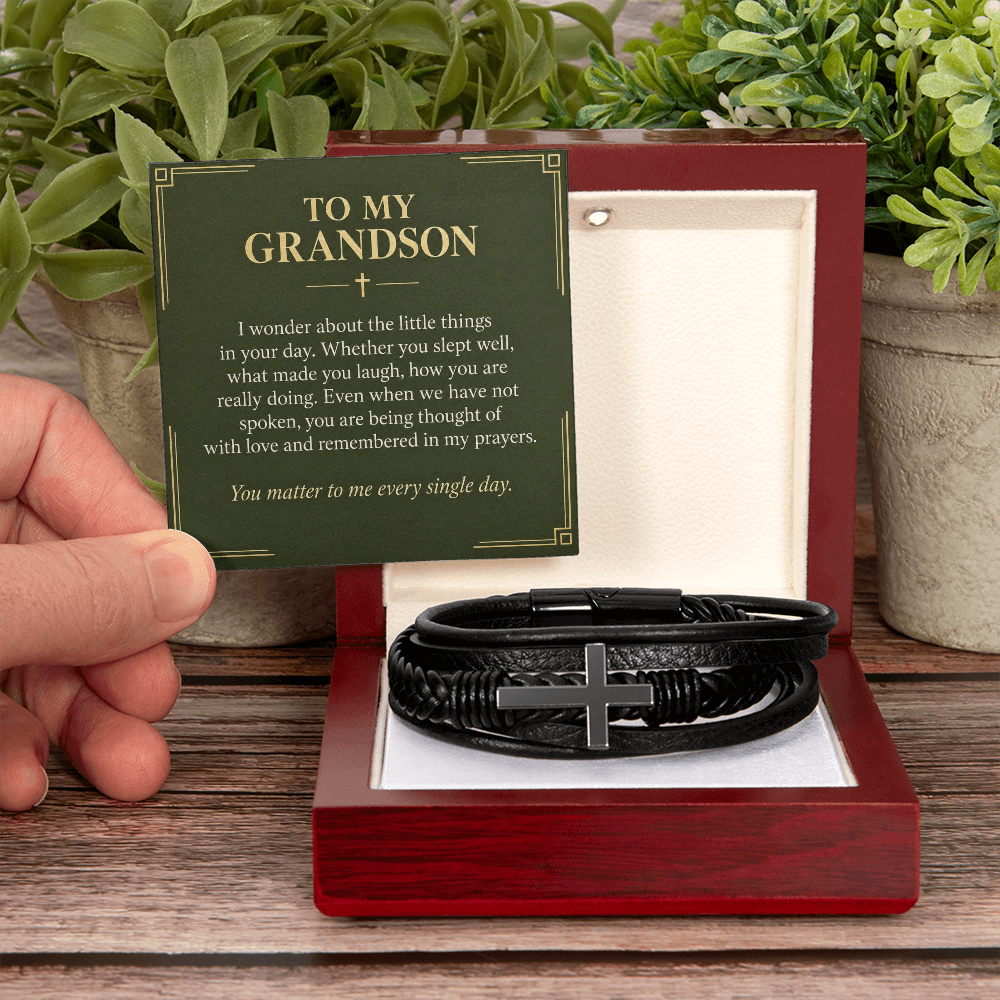 To My Grandson Cross Bracelet – "Every Single Day" Message Card & Gift Box, Christian Gift for Grandson