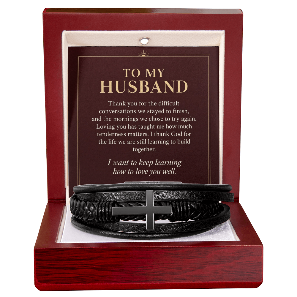 To My Husband Cross Bracelet – "Keep Learning to Love You" Message Card & Gift Box, Christian Faith Gift for Husband